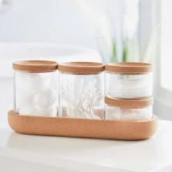 B&M Storage Jars 5pk -Home Furnishings Store 373970 set of 4 glass storage jars with cork lids and tray